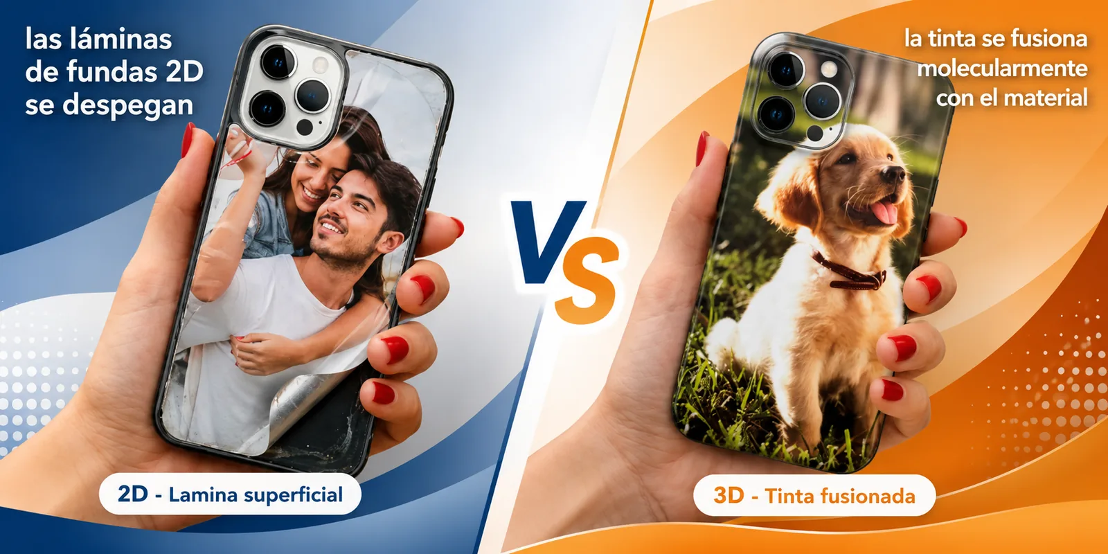 Comparativa visual entre funda 2D con lámina superficial y funda 3D con tinta fusionada