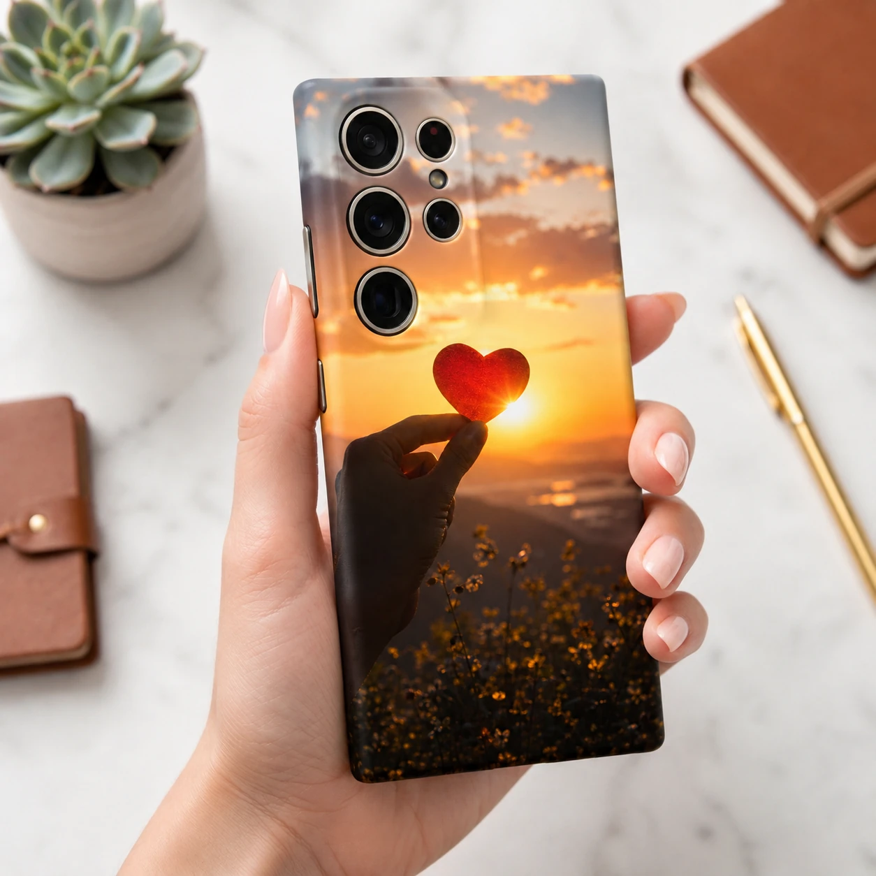 Funda personalizada con diseño de atardecer y corazón